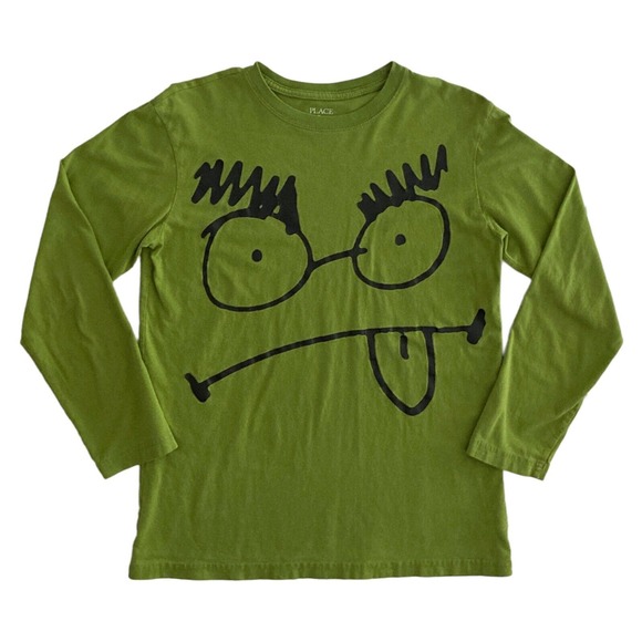 Place T-Shirt Boys Large 10/12 Long Sleeve Tee Green Funny Face Monster Drawing - Picture 8 of 8